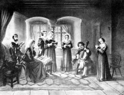 Famille protestante lisant la bible et chantant, vue au XIXe siècle