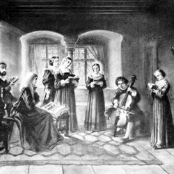 Famille protestante lisant la bible et chantant, vue au XIX<sup>e</sup> siècle