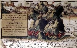 Cartouche de la carte des Cévennes «Le théâtre de la guerre dans les Cévennes avec les montagnes et les plaines des environs du Languedoc.» Nieuwe Caart van Sevennes. C. Danckerts Amsterdam 1703.