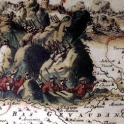 Cartouche de la carte des Cévennes «Le théâtre de la guerre dans les Cévennes avec les montagnes et les plaines des environs du Languedoc.» Nieuwe Caart van Sevennes. C. Danckerts Amsterdam 1703.