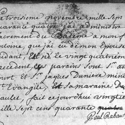 Acte de baptême de Rabaut Saint Étienne, célébré au Désert par son père, le pasteur Rabaut (1744)