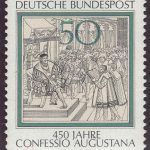 Postage stamp: The Confession of Augsbourg is read to Charles Quint, 1530