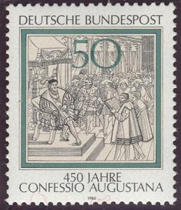 Postage stamp: The Confession of Augsbourg is read to Charles Quint, 1530