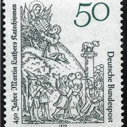 Timbre représentant la parution du Catéchisme de Luther en 1529