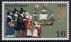 Timbre représentant l'embarquement des puritains sur le Mayflower en 1620
