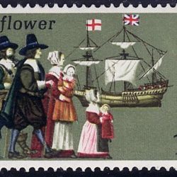 Timbre représentant l’embarquement des puritains sur le Mayflower en 1620
