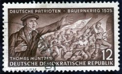 Briefmarke: Darstellung Müntzers und des Bauernkrieges