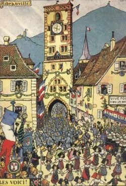 Libération de Ribeauvillé, gravure de Hansi : Les voici, 1918