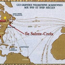 Carte des grandes migrations acadiennes aux XVIIe et XVIIIe siècles