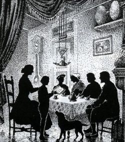 Lecture familiale de la Bible, gravure de Samuel Bastide