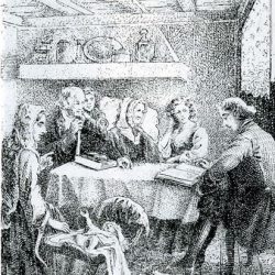 Prêche à domicile, gravure de Samuel Bastide