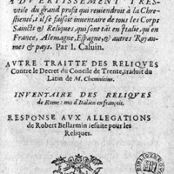 Traité des reliques de Jean Calvin (page de titre)