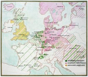 Carte des principales académies protestantes au 17e (carte de R. Flach)