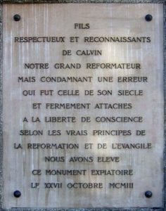 Pierre commémorative posée à l'endroit du supplice de Servet, dans le quartier de Champel à Genève.