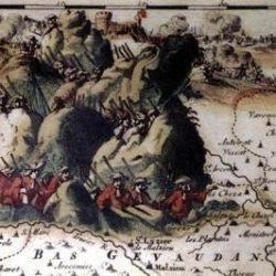 Cartouche de la carte des Cévennes «Le théâtre de la guerre dans les Cévennes avec les montagnes et les plaines des environs du Languedoc.» Nieuwe Caart van Sevennes. C. Danckerts Amsterdam 1703
