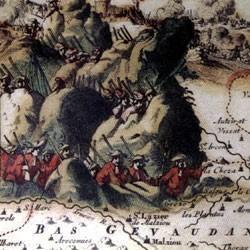 Cartouche de la carte des Cévennes «Le théâtre de la guerre dans les Cévennes avec les montagnes et les plaines des environs du Languedoc.» Nieuwe Caart van Sevennes. C. Danckerts Amsterdam 1703.