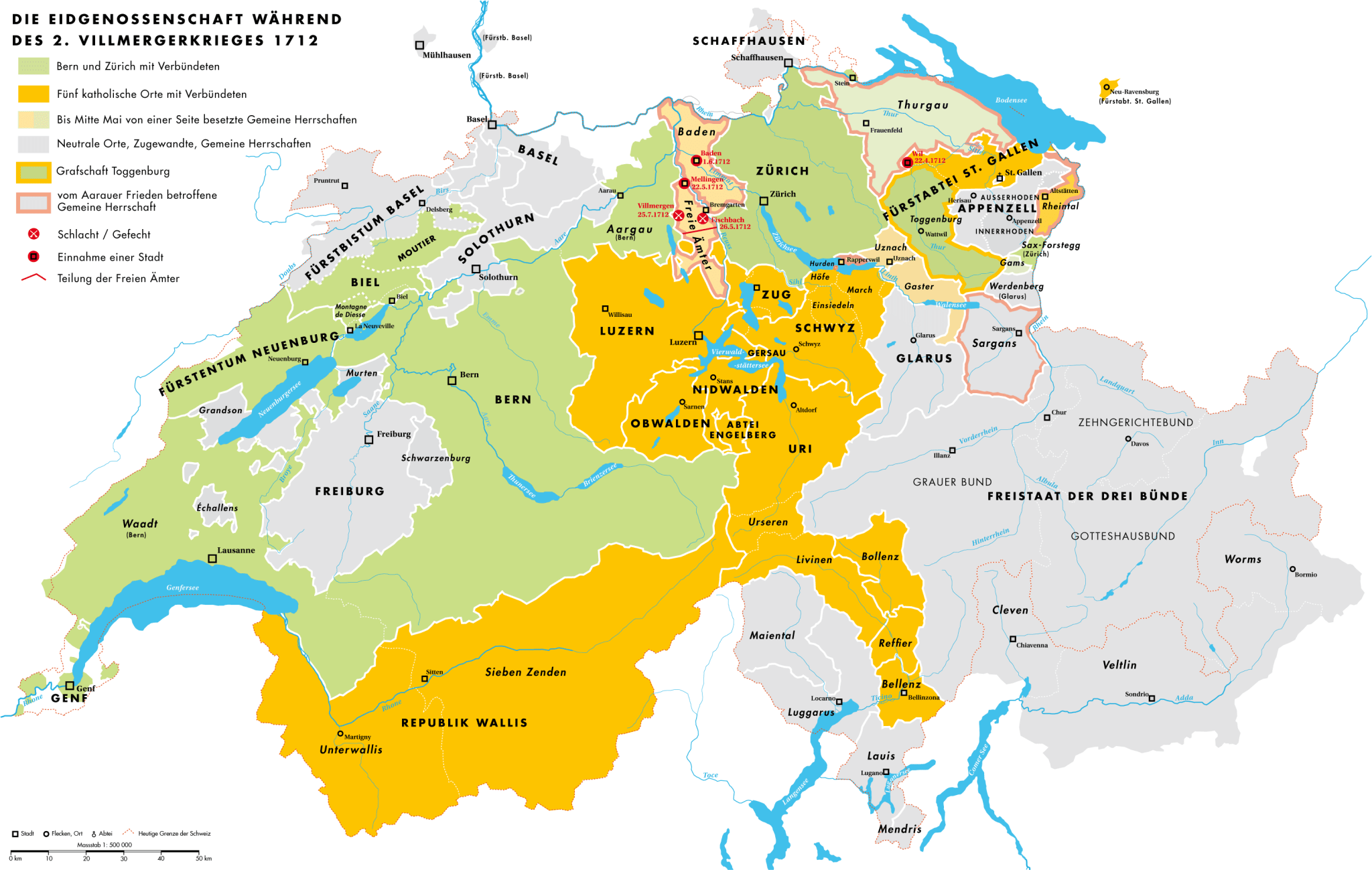 Cantons Protestants Bern, Zürich et alliés Cinq cantons Catholiques et alliés Parties neutres - Toggenburg (1712)