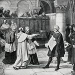 Engraving from 1894 showing Galileo Galilei at the Inquisition in 1633.