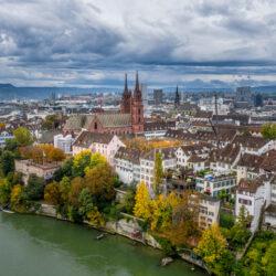Aerial view of Basel Switzerland above the Rhine River